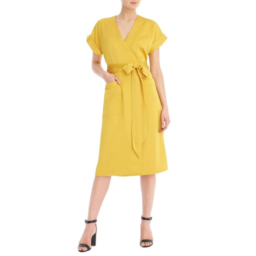 Yellow Wrap Midi Dress with Tie Waist